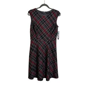 Maggy‎ London Sleeveless Fit and Flare Dress Size 10 Gray Red Plaid Career NEW